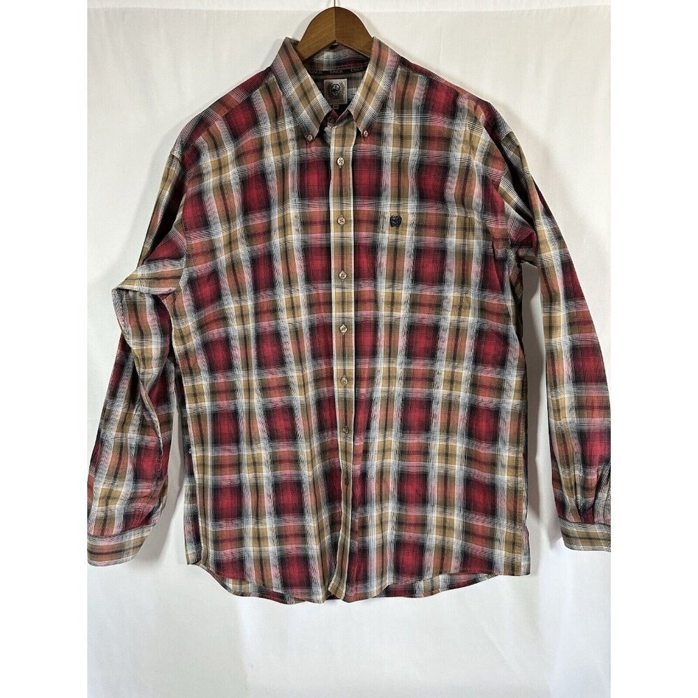 CINCH MEN'S XL 100 % COTTON PLAID RED/BROWN LONG SLEEVE COLLAR WESTERN SHIRT - Picture 2 of 9